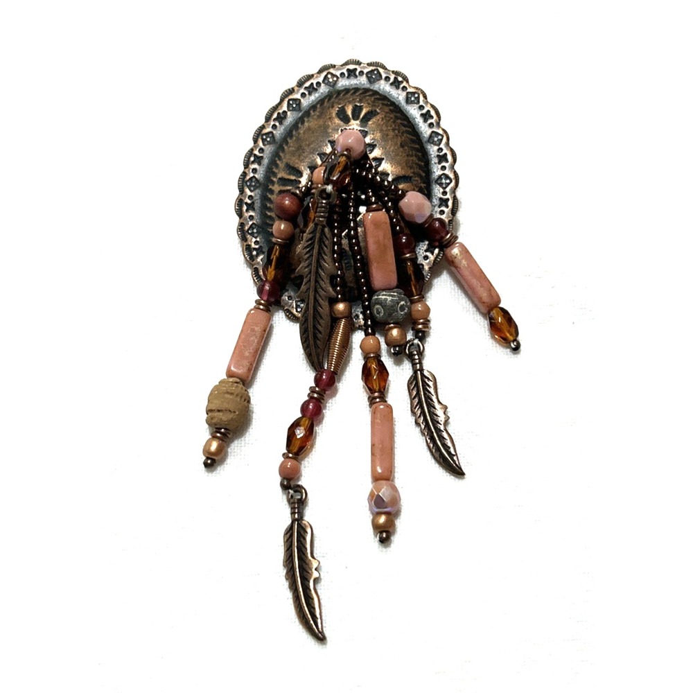 Copper Toned Medallion Concho Pin Brooch Southwestern Beaded Dangle